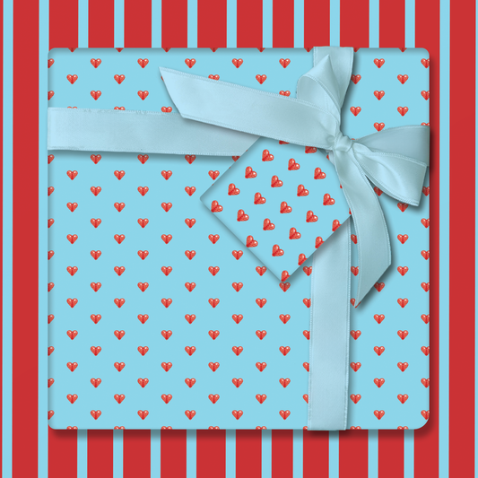 Blue with Red Hearts Wrapping Paper and Tags
